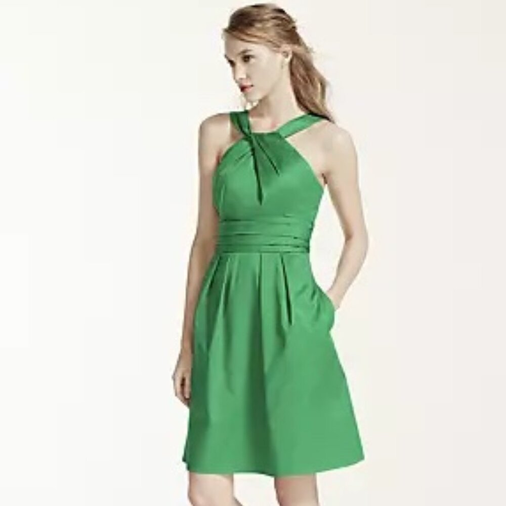 DAVID'S BRIDAL Short cotton dress with y-neck and skirt pleating- NWT